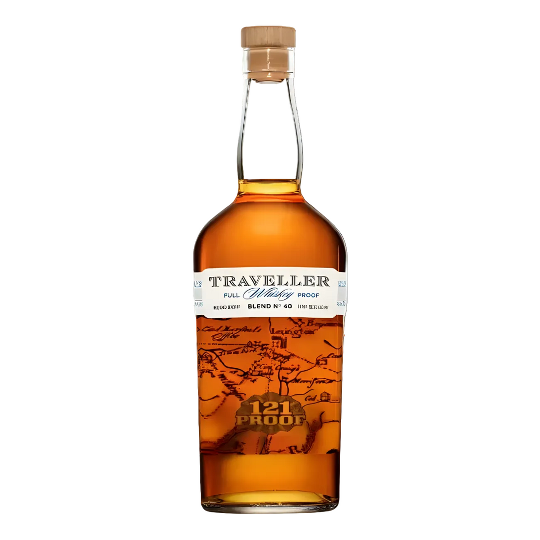 Traveller Blend No. 40 Full Proof Whiskey 750ml whiskey bottle with rich amber glass, natural cork stopper, and cream label with map illustration and bold gold 121 proof emblem against a clean white background