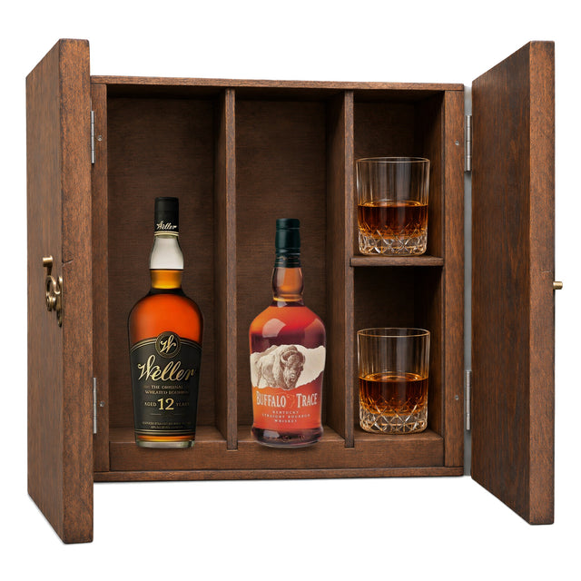 Weller 12 Year & Buffalo Trace Kentucky Straight Bourbon in a wooden gift box with two crystal glasses on white