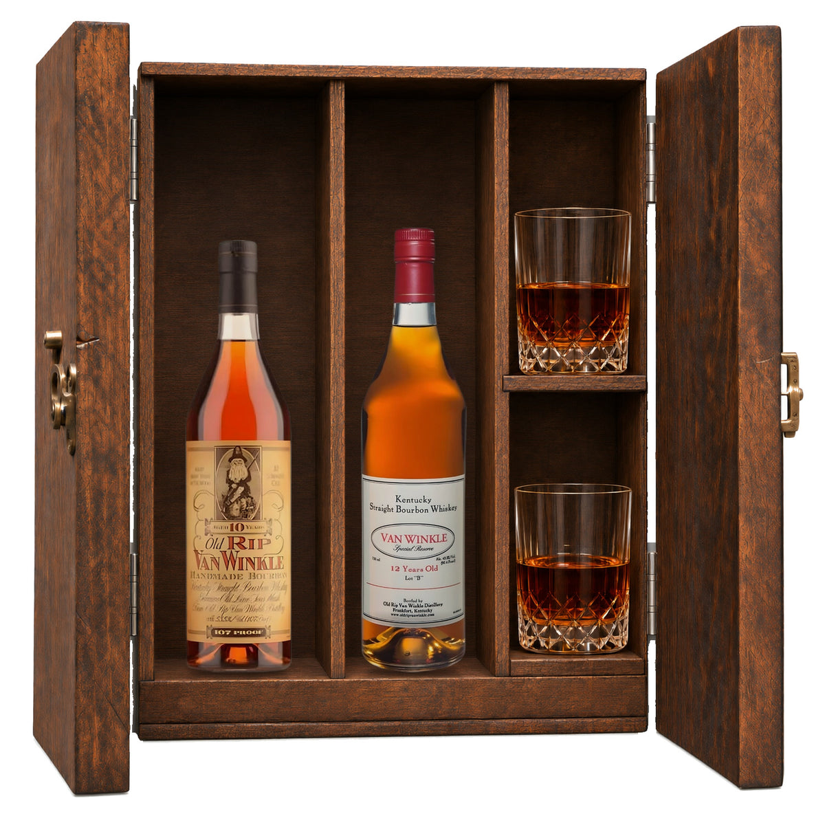 Old Rip Van Winkle 10 Year & Van Winkle Special Reserve 12 Year Lot B in a wooden gift box with two crystal glasses on white