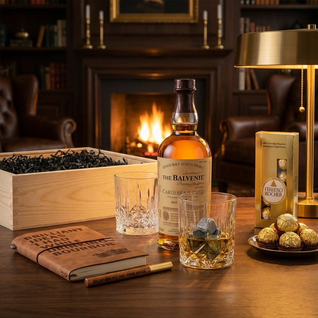 The Balvenie 14 Year Caribbean Cask Single Malt Scotch Whisky gift crate lifestyle scene with bottle, old-fashioned crystal-cut whiskey glasses with neat pour, whiskey stones, Brilliant Ideas leather bourbon journal with wooden pen, and Ferrero Rocher chocolates on dark walnut table in upscale lounge setting with warm ambient lighting.