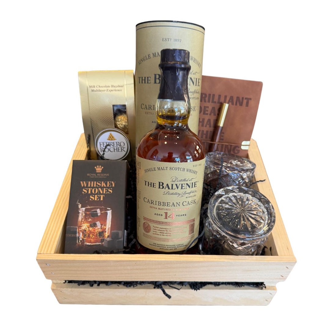 The Balvenie 14 Year Caribbean Cask Scotch Gift Crate – Whisky, Leather Journal, Glasses &amp; Whiskey Stones