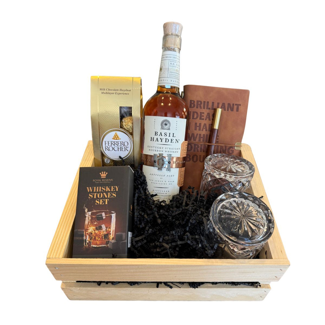 Basil Hayden’s Bourbon Gift Crate – Whiskey, Leather Journal, Glasses & Whiskey Stones