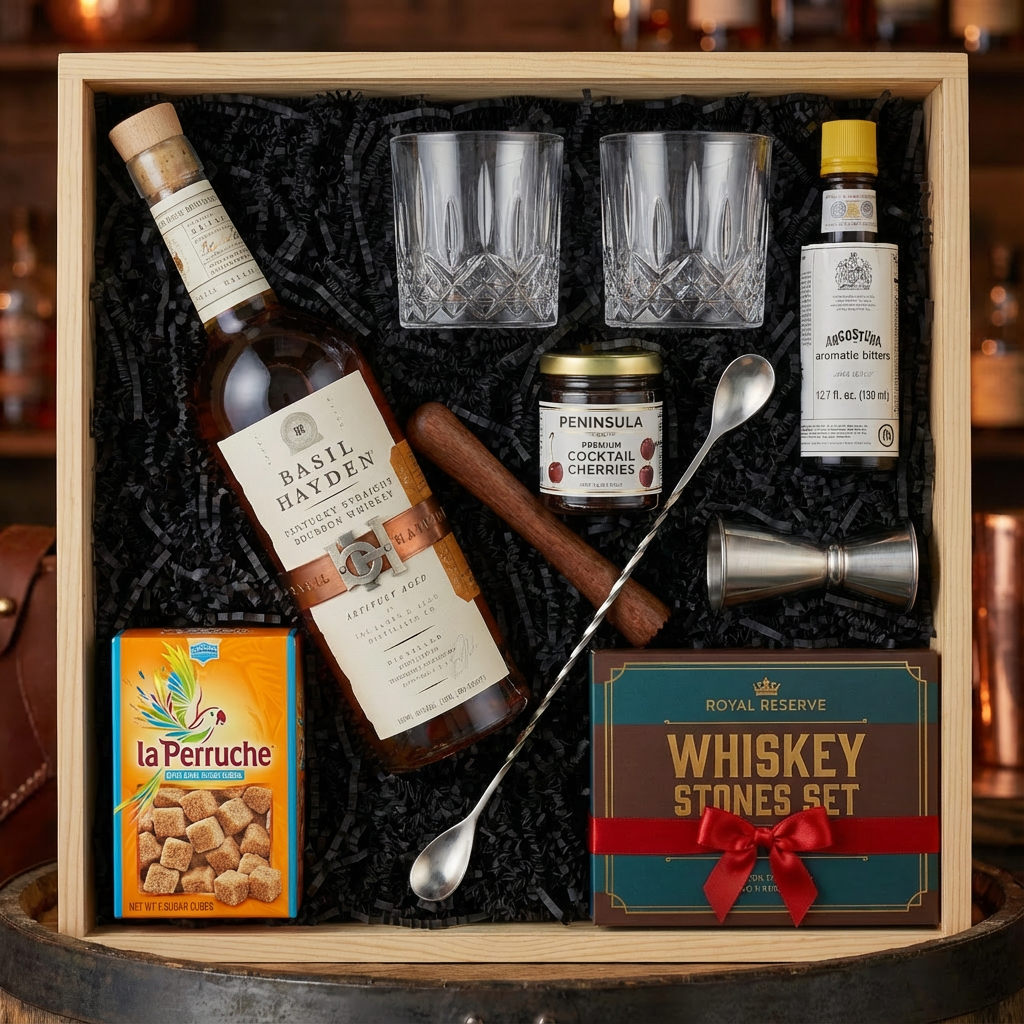 Basil Hayden's Old-Fashioned cocktail gift crate with Basil Hayden's Kentucky Straight Bourbon Whiskey, crystal glasses, bitters, muddler, bar spoon, jigger, cocktail cherries, sugar cubes, and whiskey stones nestled in black zigzag crinkle paper inside wooden crate on rustic aged oak surface with warm amber bourbon bar lighting