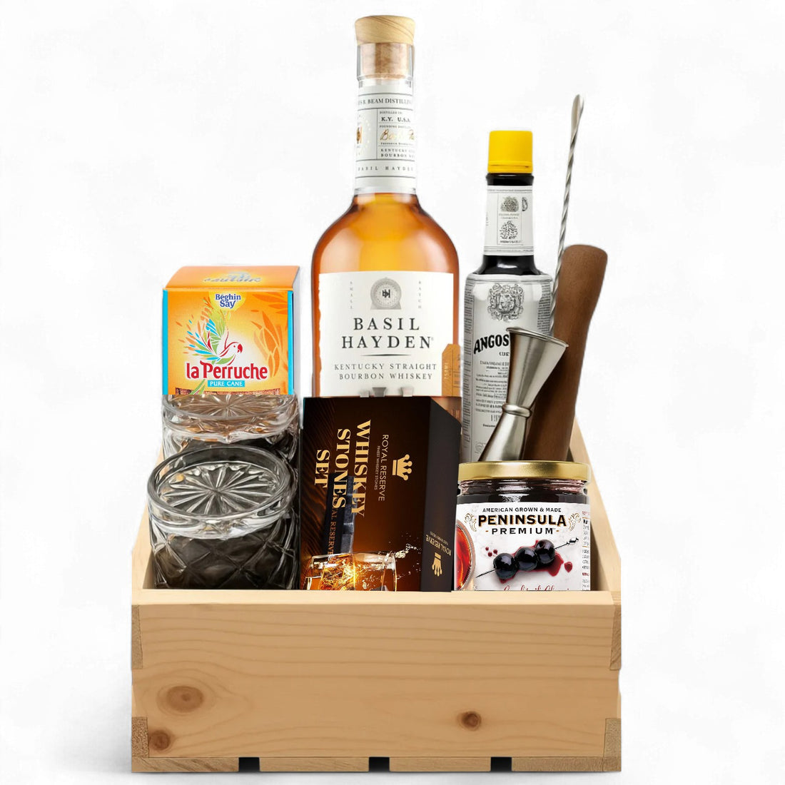 Basil Hayden’s Old-Fashioned Wooden Gift Crate – Bourbon, Glasses, Bitters &amp; Bar Tools