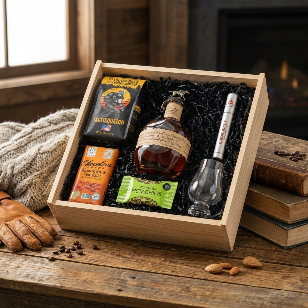 Blanton's original single barrel bourbon gift crate with a bottle of whiskey, snacks, and a cigar in a wooden box on a wooden table.