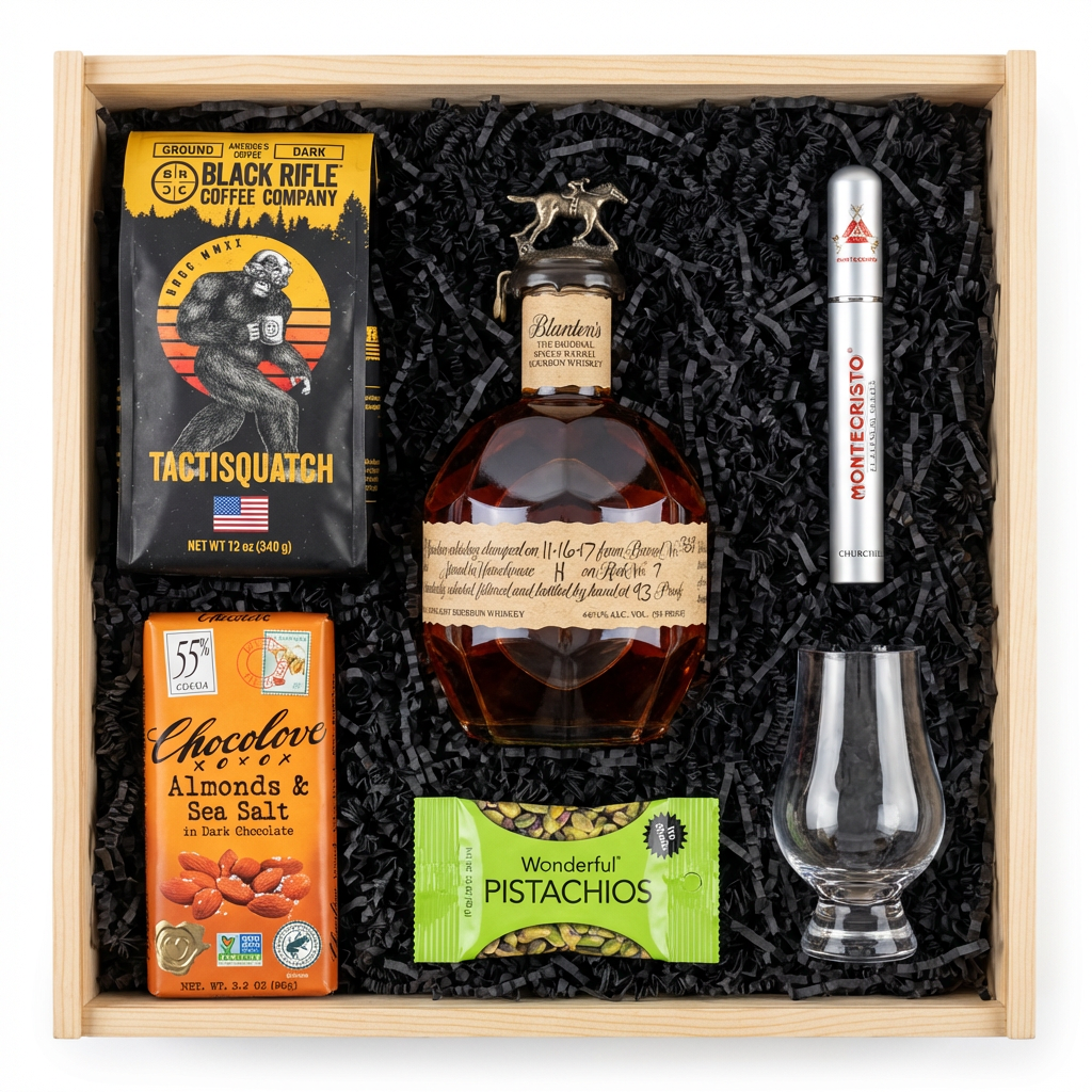 Blanton’s Single Barrel Bourbon gift crate with Montecristo cigar, bourbon whiskey glass, gourmet chocolate bar, pistachios and Black Rifle Coffee in premium wooden crate