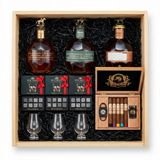 Blanton's Executive Crate with Gold Edition, Special Reserve, and Straight From The Barrel 700ml bottles, My Father 5 cigar toro sampler with cutter and lighter, three Glencairn glasses, and three Royal Reserve whiskey stones sets in large natural wood display crate