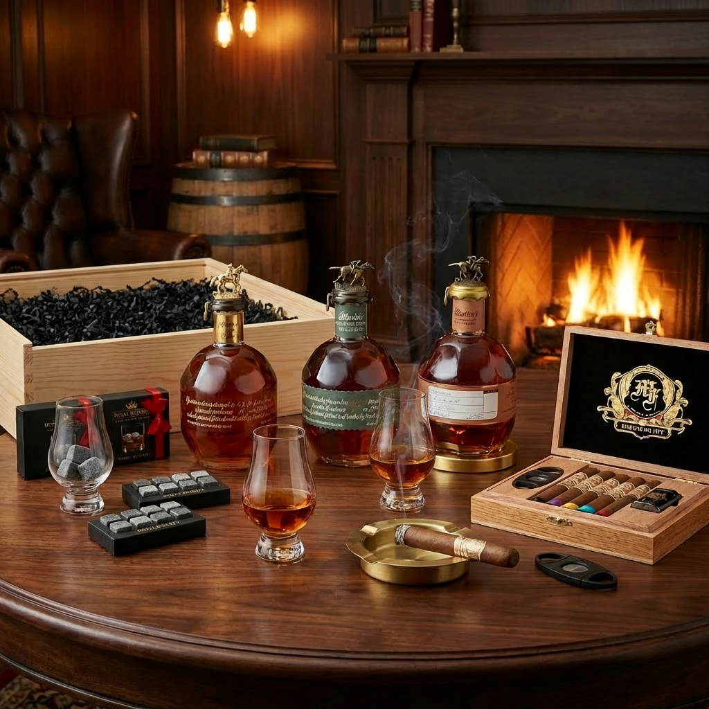 Blanton's Executive bourbon gift crate lifestyle scene featuring three bottles - Gold Edition with gold horse stopper, Special Reserve Green Label with dark green band, and Straight From The Barrel with copper neck sleeve - with three Glencairn whisky glasses with neat pours, Royal Reserve Whiskey Stones with granite cubes, My Father Cigars 5-cigar sampler set in oak wood box with cigar cutter, lighter, and lit cigar in ashtray, open wooden crate on dark walnut table in luxurious bourbon den
