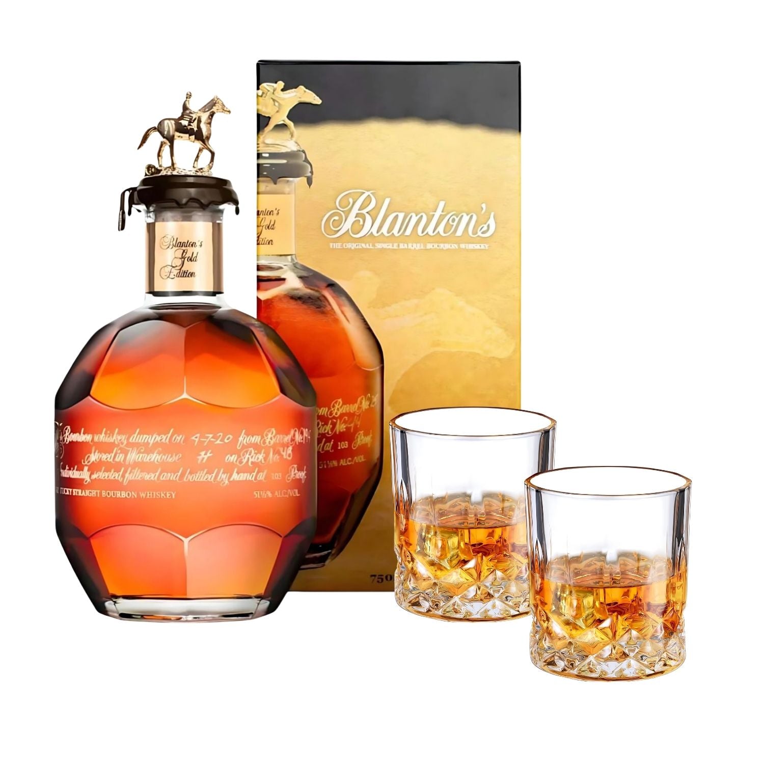 Engravable Blanton’s Gold Edition Single Barrel Bourbon Gift Set on white background – 750ml bottle with two crystal old-fashioned glasses – exclusive bourbon from Top Bourbon