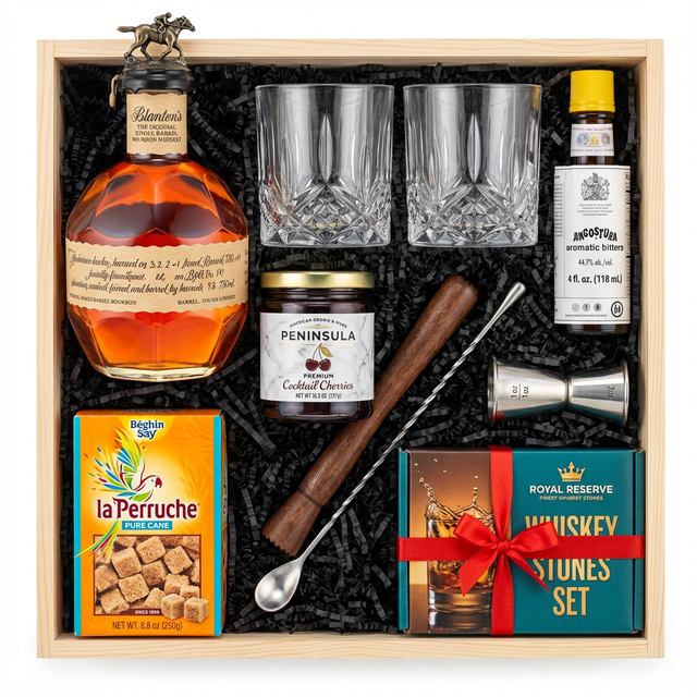 Blanton's Old-Fashioned cocktail gift crate with Blanton's Original bourbon, crystal-cut old fashioned glasses, Angostura bitters, premium muddler, bar spoon, jigger, Peninsula cocktail cherries, La Perruche sugar cubes, and Royal Reserve whiskey stones set all nestled in black zigzag crinkle paper inside wooden crate on white background
