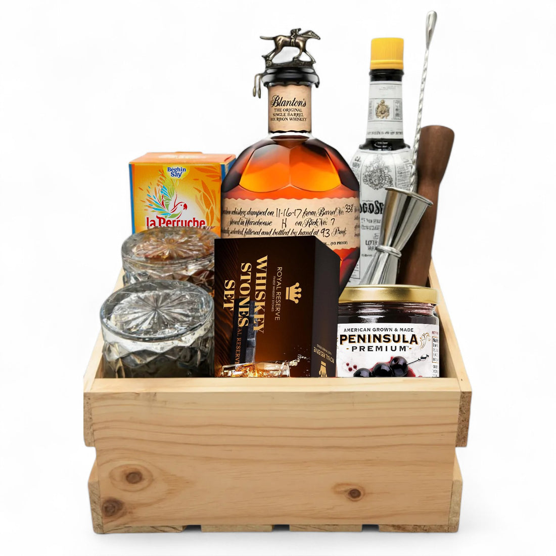 Blanton’s Old-Fashioned Wooden Gift Crate – Bourbon, Glasses, Bitters &amp; Bar Tools