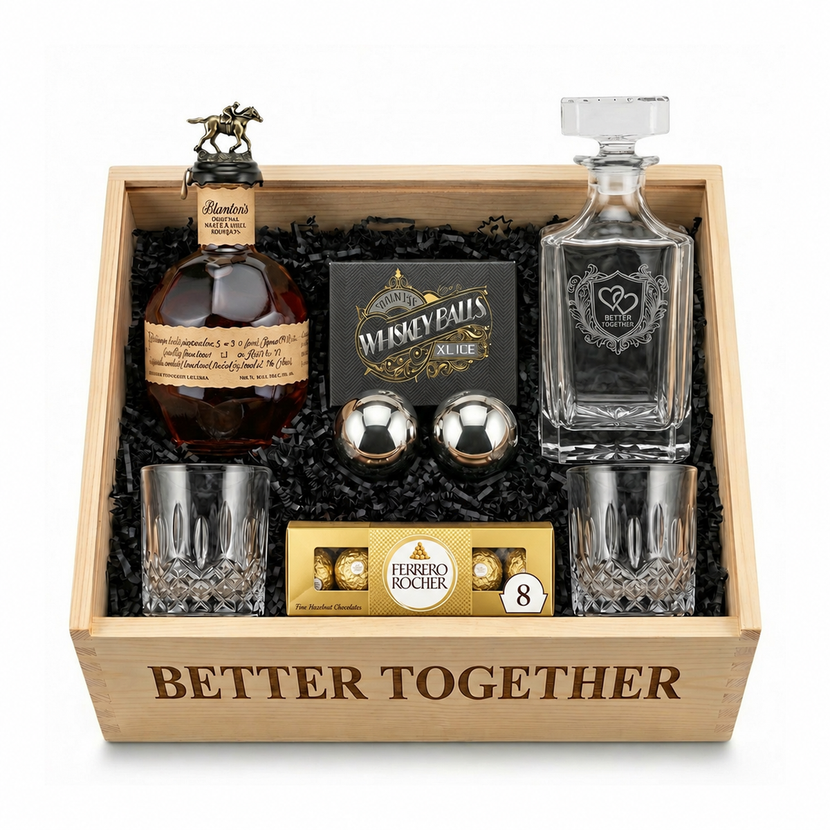 Blanton's Original gift crate with Ferrero Rocher 8-piece chocolates on white background