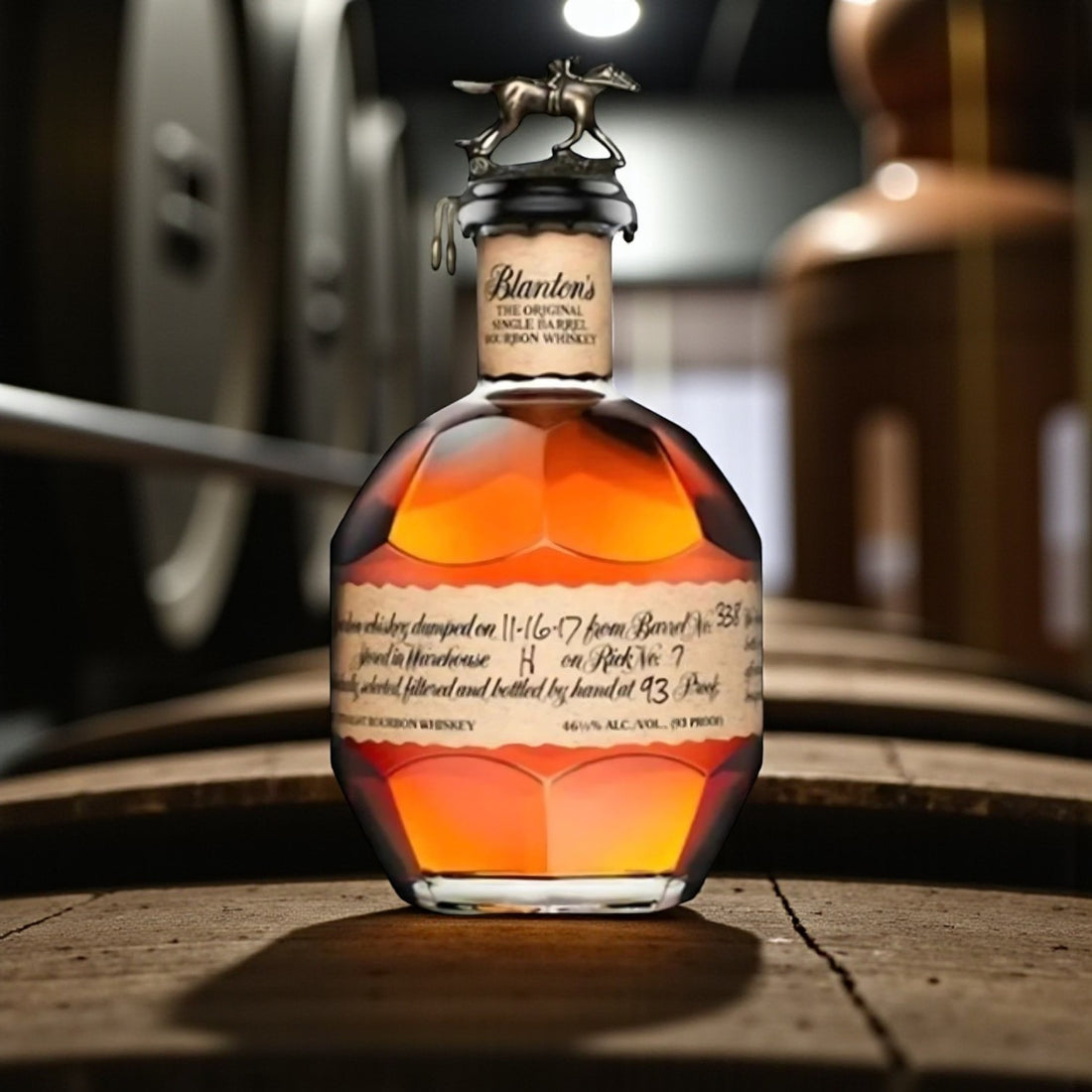 Engravable Blanton’s Original Single Barrel Bourbon 750ml gift bottle with wood background – Top Bourbon lifestyle image