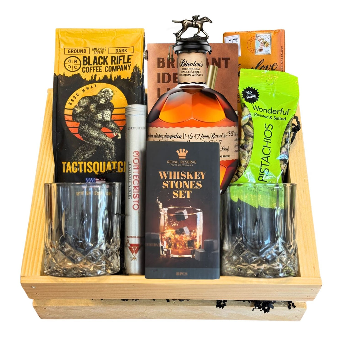 Blanton’s Original Single Barrel Top Shelf Gift Crate with engravable bourbon bottle and glasses, coffee, chocolate, pistachios, cigar, and whiskey stones – available at Top Bourbon