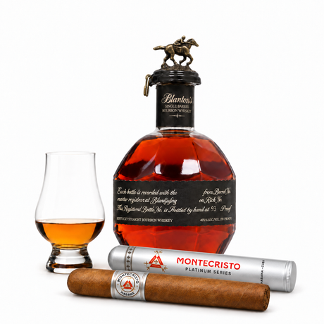 Blanton's Black bourbon gift set with Glencairn glass and Montecristo cigar