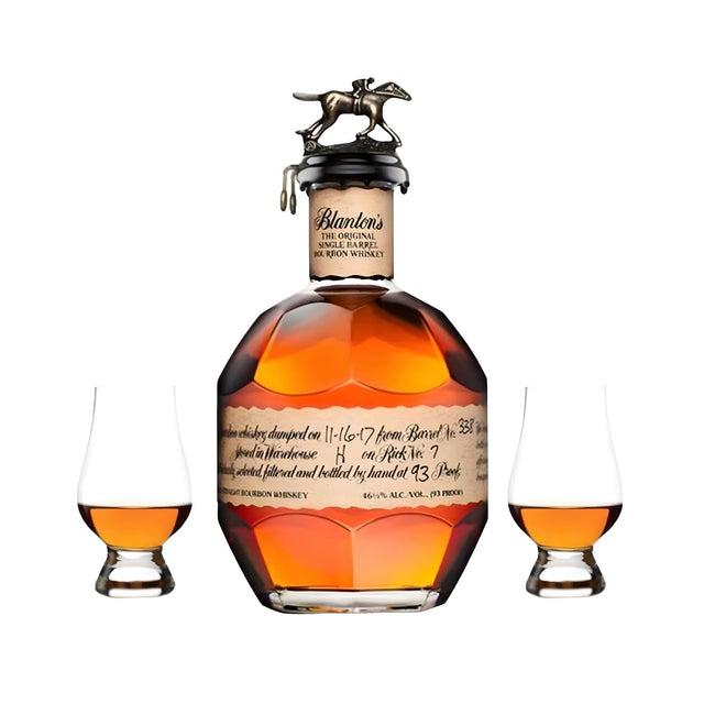 Blanton's Single Barrel Bourbon 750ml with iconic horse and jockey stopper, handwritten label, and two Glencairn tasting glasses filled with amber bourbon