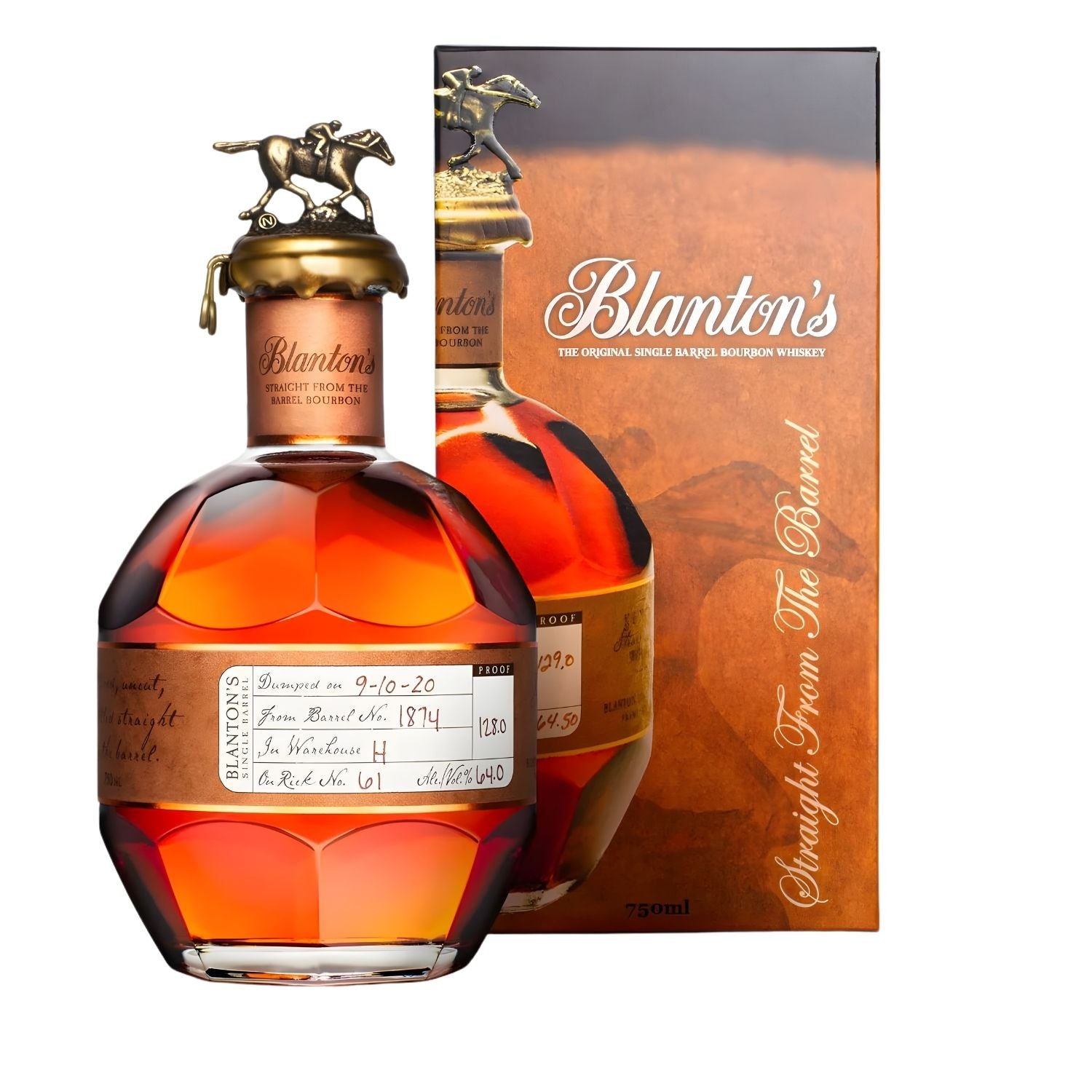 Blanton’s Straight From the Barrel 750ml U.S. Release bourbon bottle and box on white background – Top Bourbon