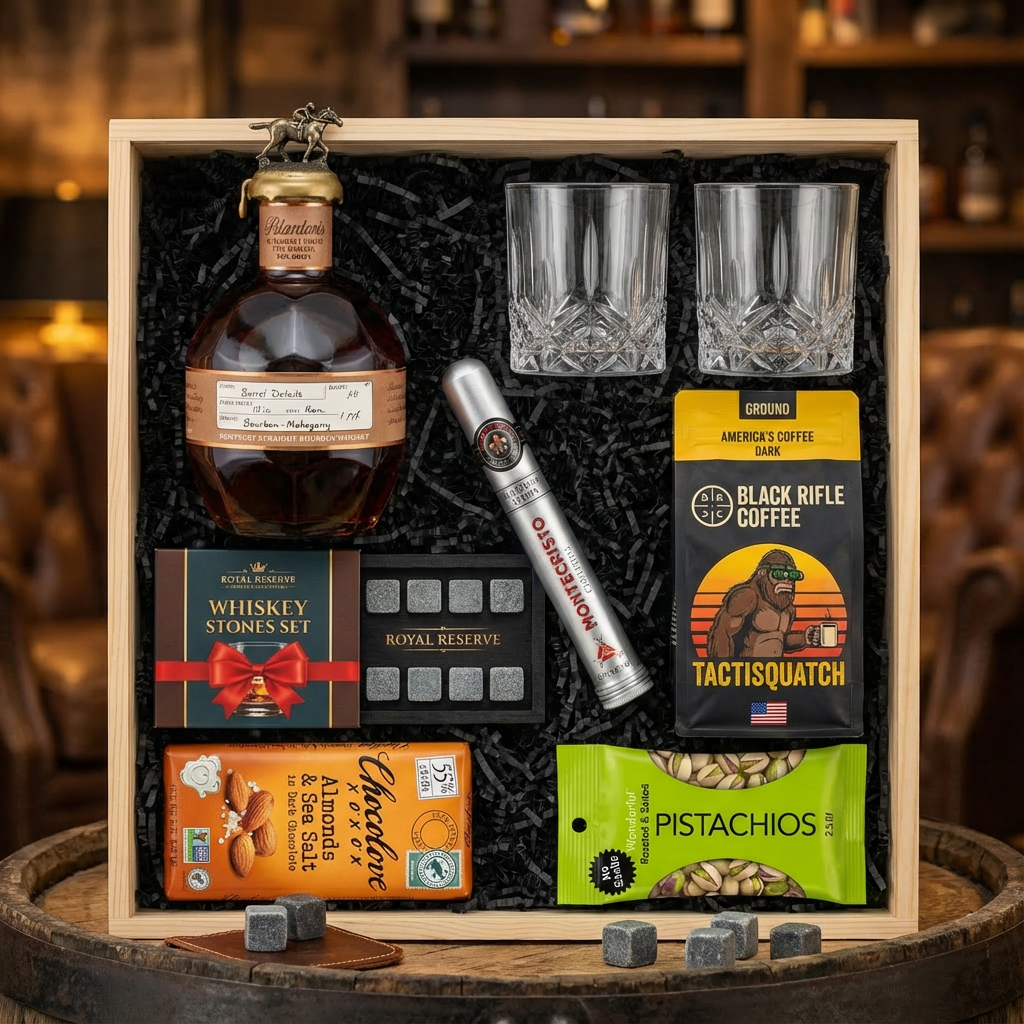 Blanton's Straight From The Barrel Single Barrel Bourbon 700ml gift crate with bronze horse stopper, crystal-cut old fashioned glasses, Royal Reserve whiskey stones set, Montecristo Platinum cigar, Black Rifle Coffee, Chocolove chocolate, and Wonderful Pistachios on rustic aged oak surface with warm amber bourbon bar lighting and moody bokeh