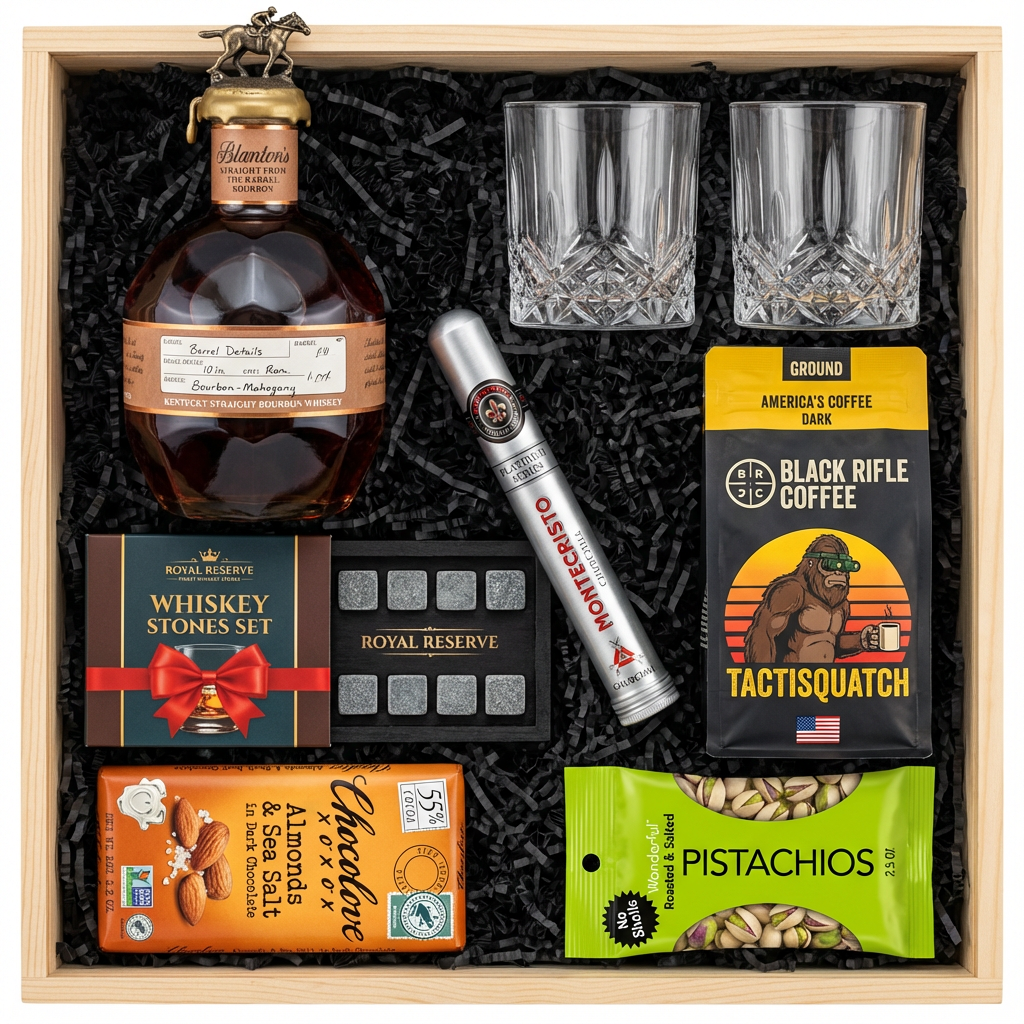 Blanton's Straight From The Barrel Single Barrel Bourbon 700ml gift crate with bronze horse stopper and gold wax cap, crystal-cut old fashioned glasses, Royal Reserve whiskey stones set with tray, Montecristo Platinum cigar tube, Black Rifle Coffee Tactisquatch blend, Chocolove Almonds & Sea Salt dark chocolate bar, and Wonderful Pistachios in black crinkle paper on white background