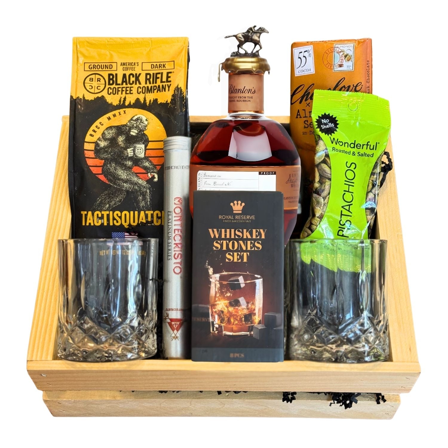 Blanton’s Straight From the Barrel Bourbon Gift Crate with coffee, chocolate, pistachios, cigar, whiskey stones, and glasses – engravable and gift-ready from Top Bourbon