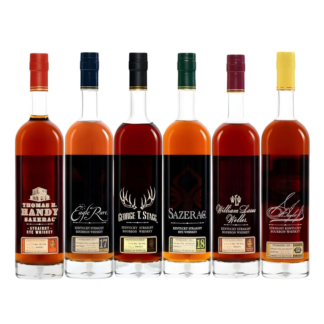 BTAC 2025 six bottle lineup on white background with E.H. Taylor 15 year BIB, Eagle Rare 17, George T. Stagg 142.8 proof, William Larue Weller 129 proof, Thomas Handy Rye, and Sazerac 18 year rye