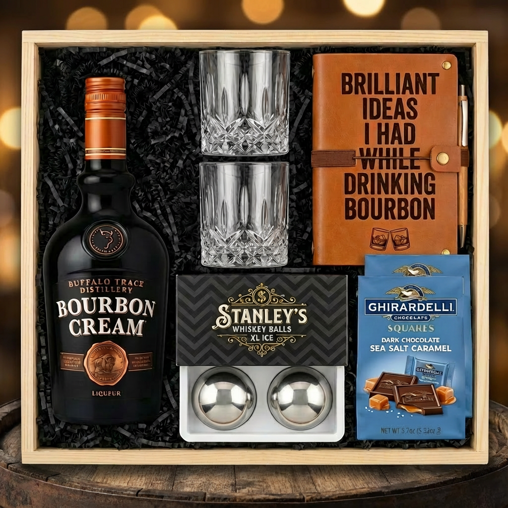 Buffalo Trace Bourbon Cream Liqueur gift crate with black bottle, crystal glasses, bourbon journal and pen set, Stanley&