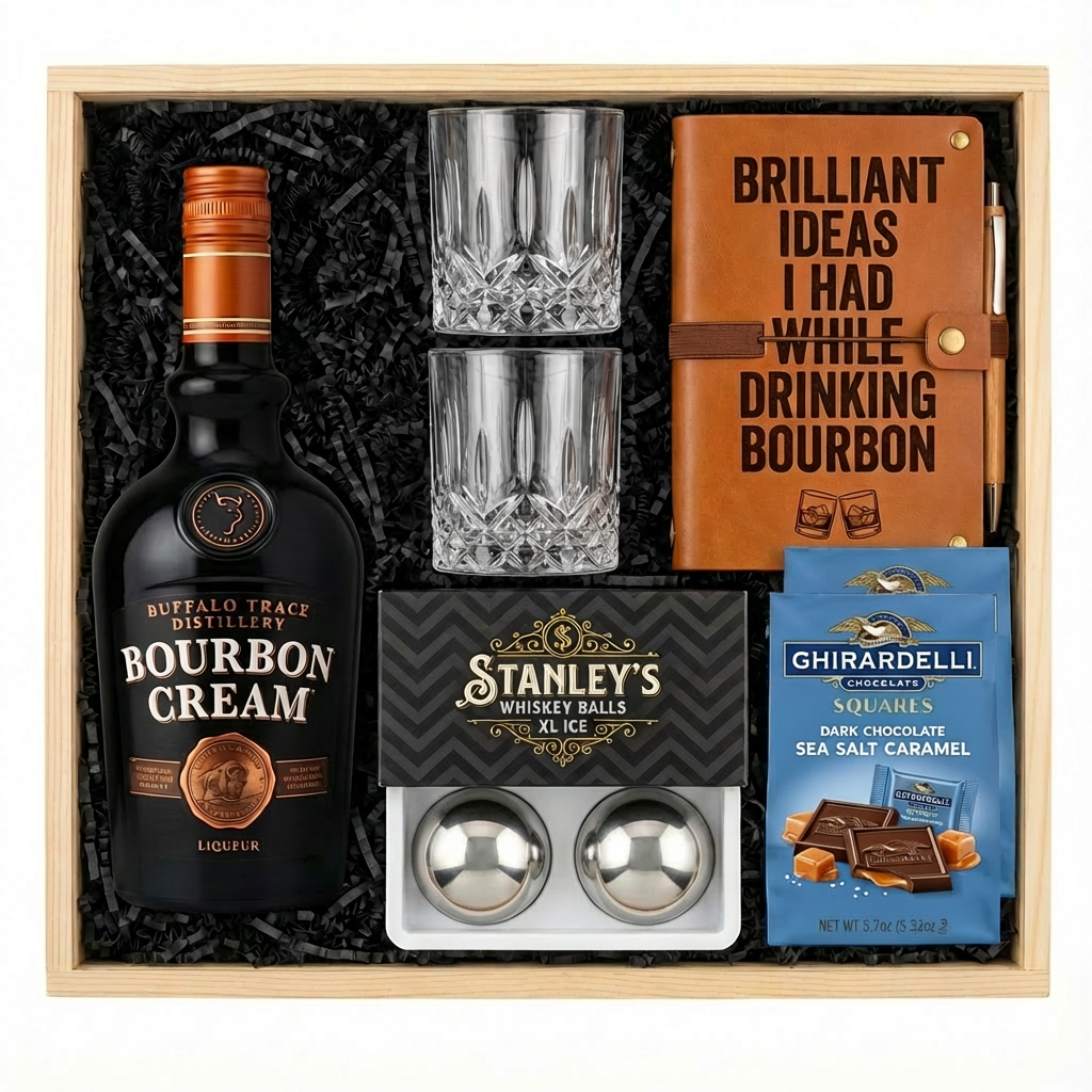 Buffalo Trace Bourbon Cream Liqueur gift crate with black bottle and copper cap, crystal-cut old fashioned glasses, tan leather bourbon journal and pen set, Stanley&