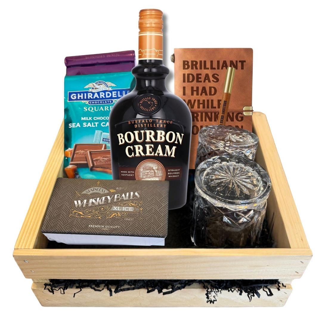 Buffalo Trace Bourbon Cream premium gift crate with accessories and chocolates on white background – Top Bourbon