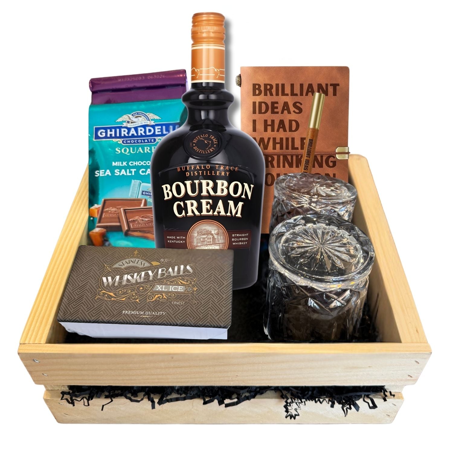 Buffalo Trace Bourbon Cream premium gift crate with accessories and chocolates on white background – Top Bourbon