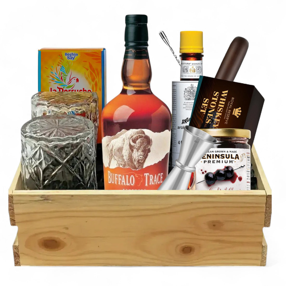 Buffalo Trace Old-Fashioned Wooden Gift Crate – Bourbon, Glasses, Bitters &amp; Bar Tools