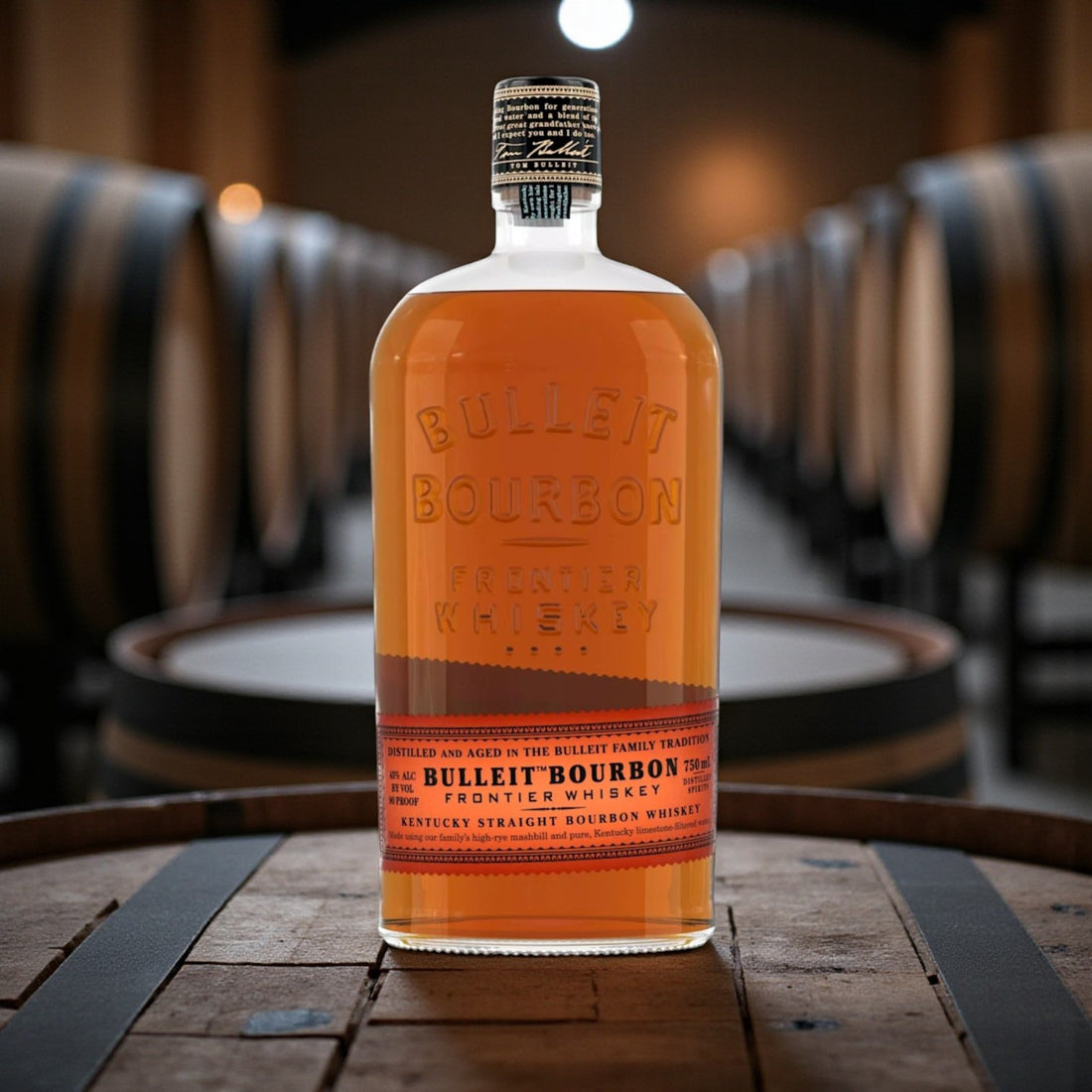Bulleit Bourbon Frontier Whiskey 750ml engravable bottle displayed on bar with amber lighting – Top Bourbon lifestyle image