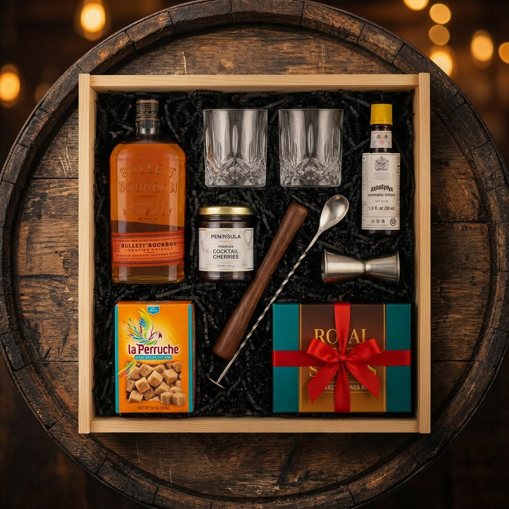 Bulleit Bourbon Old-Fashioned cocktail gift crate with Bulleit Bourbon Frontier Whiskey, crystal glasses, bitters, muddler, bar spoon, jigger, cocktail cherries, sugar cubes, and whiskey stones nestled in black zigzag crinkle paper inside wooden crate on rustic aged oak surface with warm amber bourbon bar lighting