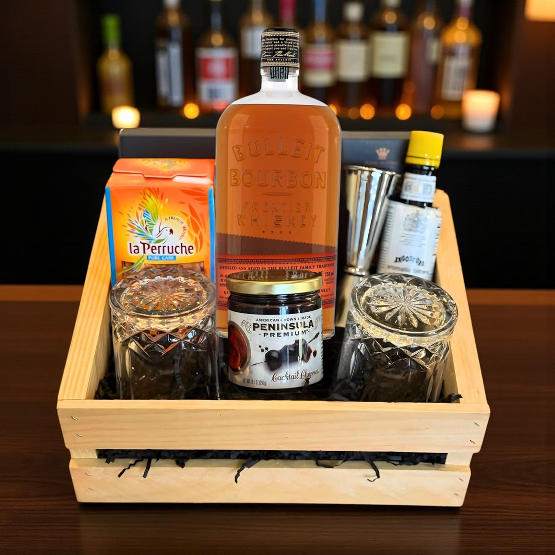 Bulleit Bourbon Old Fashioned Gift Crate featuring engravable whiskey bottle and glasses, bar tools, cherries, bitters, and sugar cubes – Top Bourbon lifestyle photo