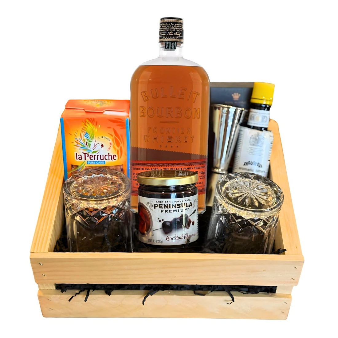 Bulleit Bourbon Old Fashioned Gift Crate with engravable bottle and glasses, bar tools, cherries, bitters, and sugar cubes – available at Top Bourbon