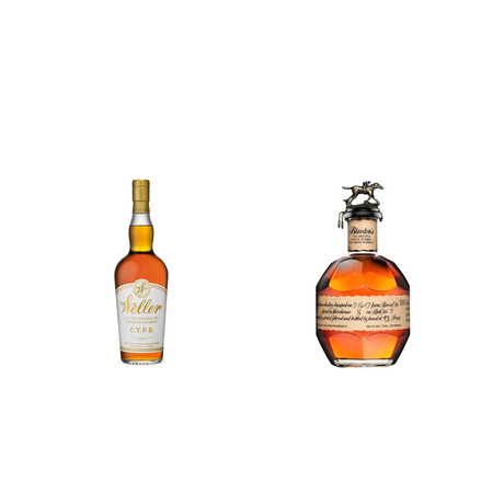 Weller CYPB and Blanton's Single Barrel Crossover bundle bottles on white studio background