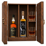 Weller 12 Year & Eagle Rare 12 Year in a wooden gift box with two crystal glasses on white