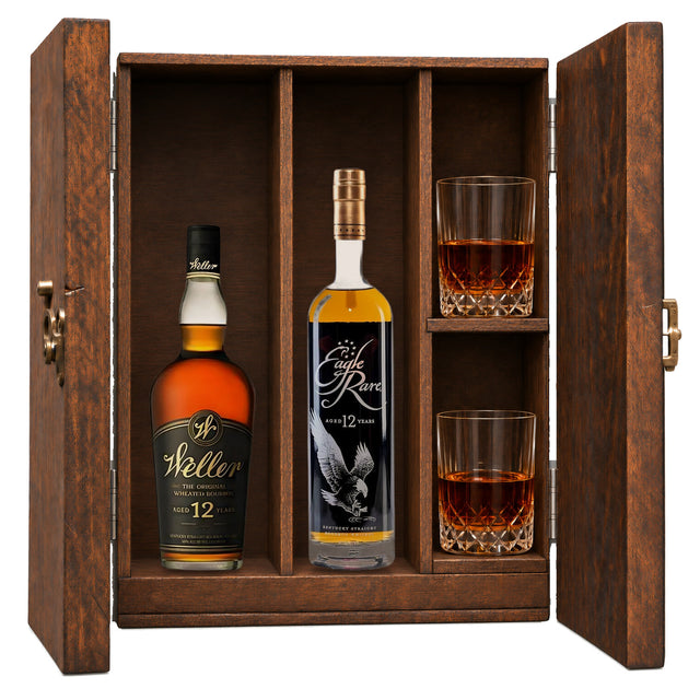 Weller 12 Year & Eagle Rare 12 Year in a wooden gift box with two crystal glasses on white