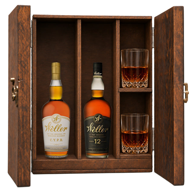 W.L. Weller C.Y.P.B. & Weller 12 Year in a wooden gift box with two crystal glasses on white