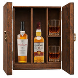 The Macallan 15 Year Double Cask & The Glenlivet 15 Year French Oak Reserve wooden gift box with 2 glasses