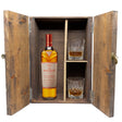The Macallan Harmony Collection Rich Cacao in a fitted wooden gift box with two crystal old-fashioned glasses, studio white