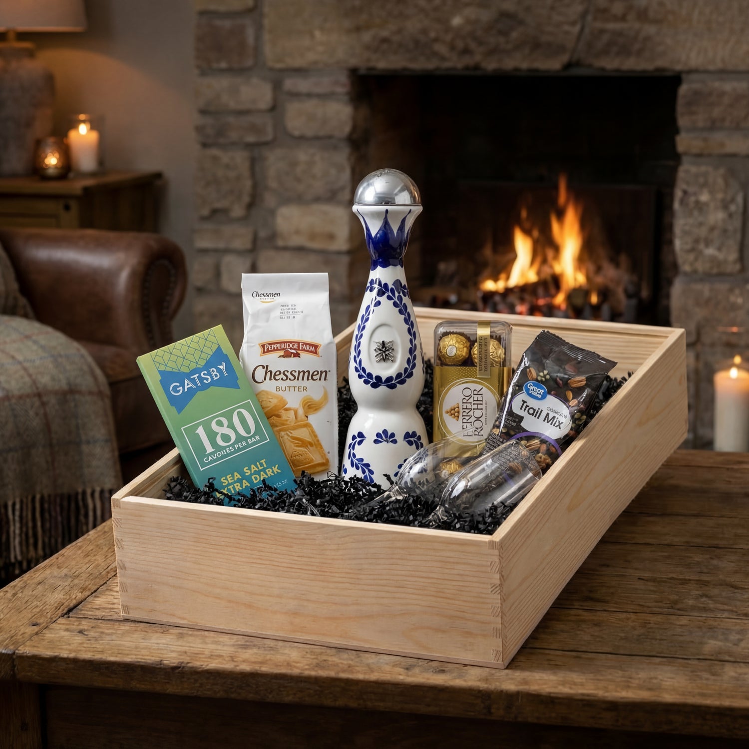 Clase Azul Reposado tequila gift set with tequila flutes, Ferrero Rocher chocolates, Gatsby dark chocolate, Chessmen cookies and trail mix arranged in wooden gift crate