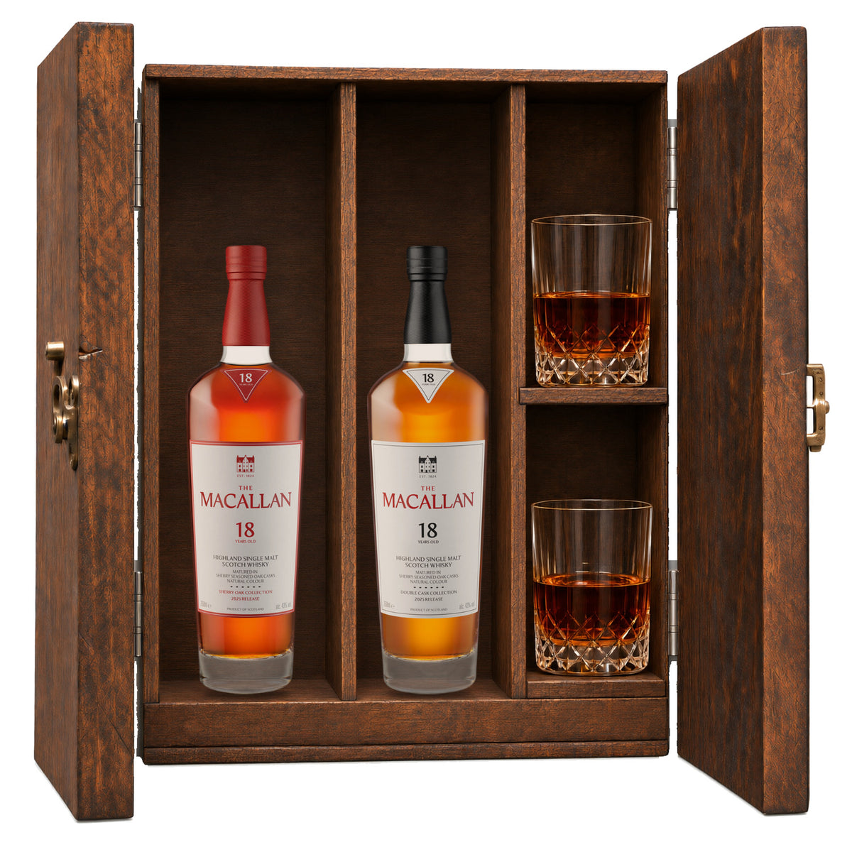 The Macallan 18 Year Sherry Oak & The Macallan 18 Year Double Cask wooden gift box with 2 glasses