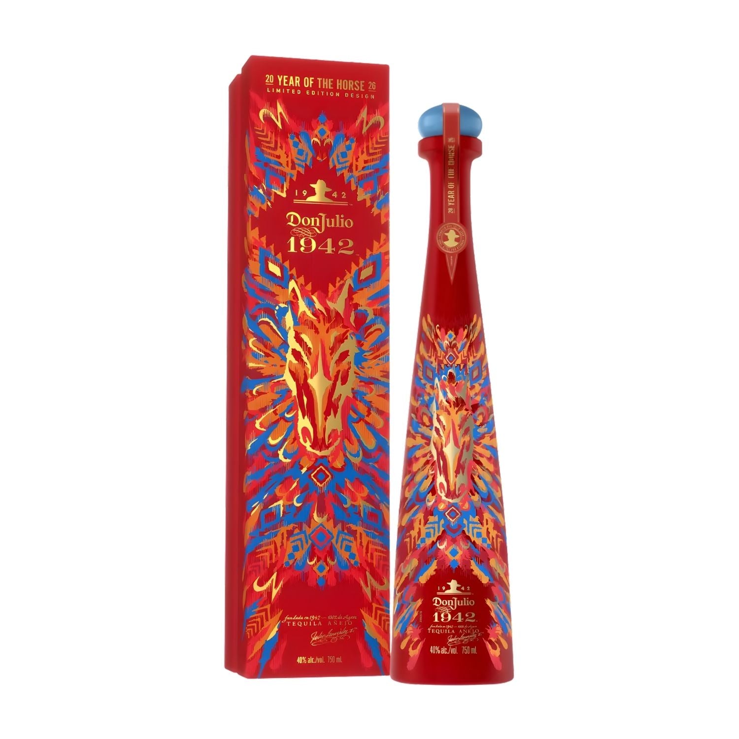 Don Julio 1942 Añejo Tequila Year of the Horse 2026 Lunar New Year Edition 750ml bottle featuring red and gold design with horse artwork and Mexican ikat rebozo patterns