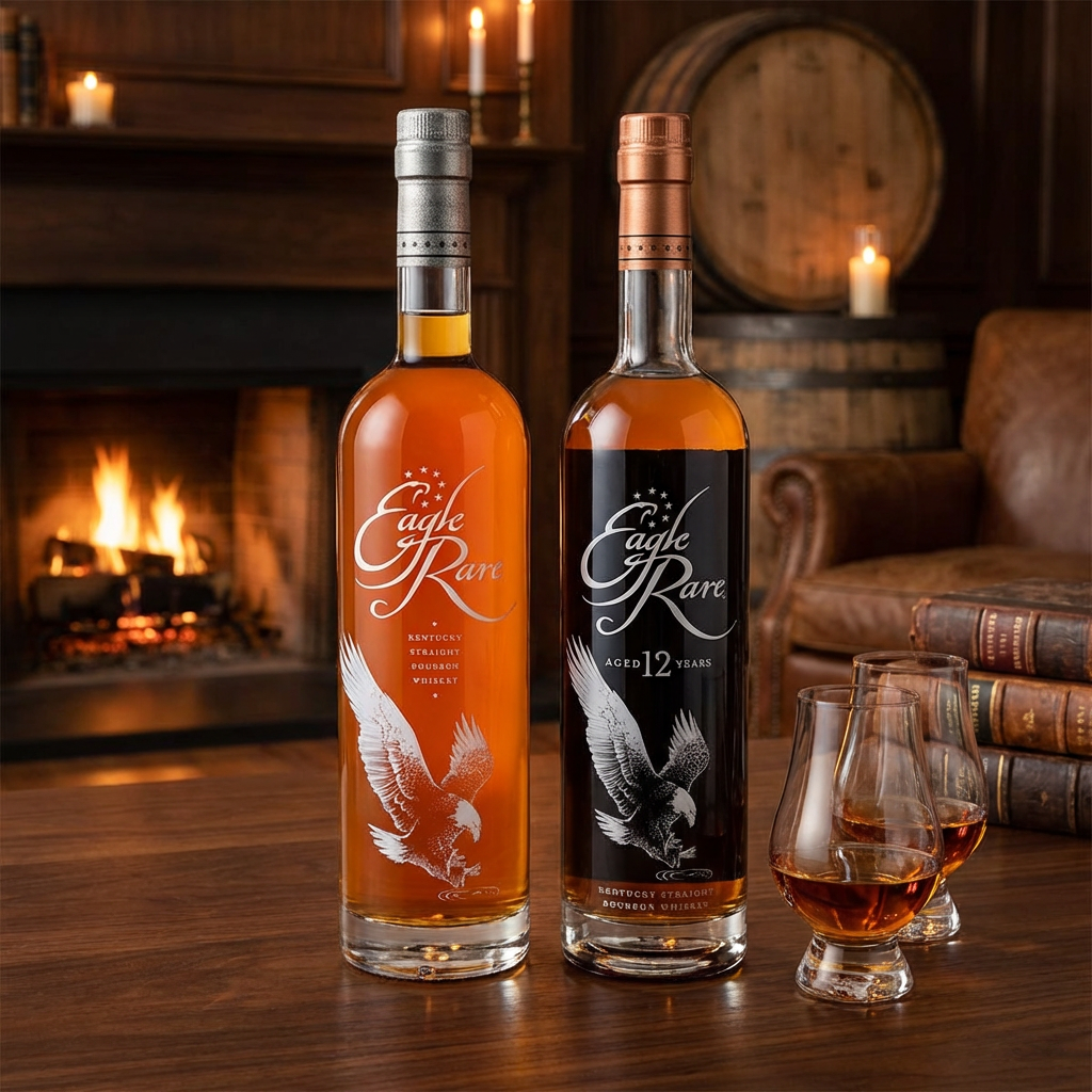 Eagle Rare 10 Year and 12 Year Kentucky Straight Bourbon Whiskey bottles displayed together in a sophisticated whiskey den setting with crystal glasses and warm ambient lighting
