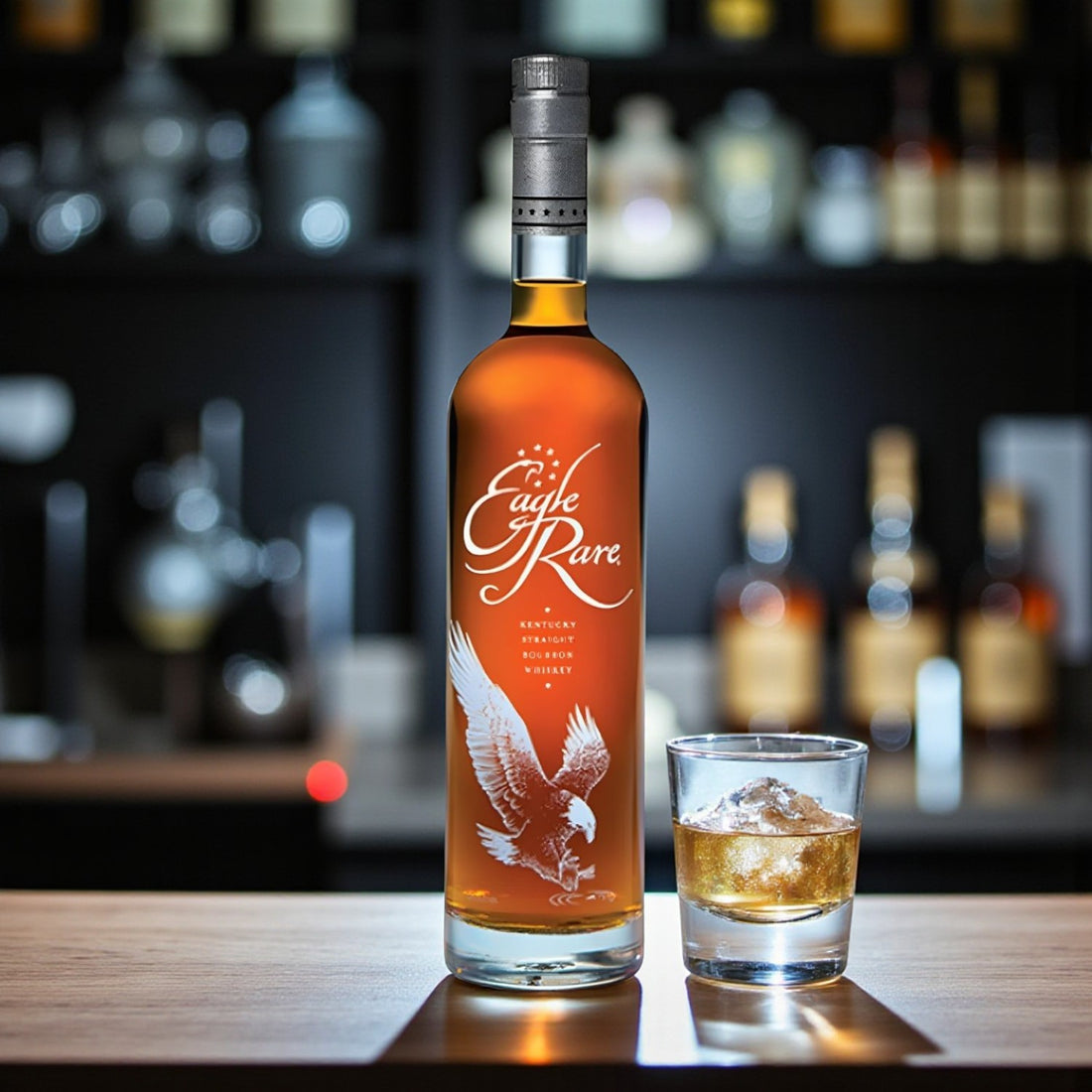 Engraved Eagle Rare 10 Year Bourbon bottle on polished bar beside glass of bourbon on ice – Top Bourbon lifestyle image