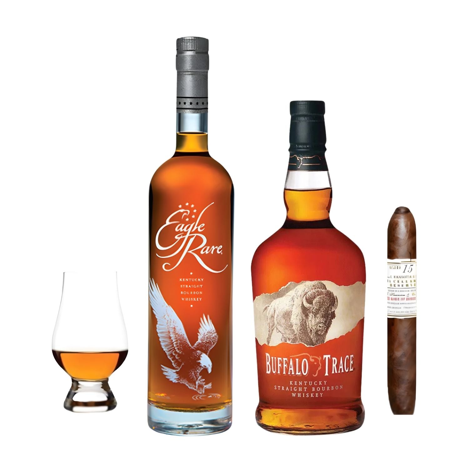 Eagle Rare 10 Year and Buffalo Trace Kentucky Straight Bourbon Whiskey 750ml gift set with Glencairn whisky glass and premium cigar from Buffalo Trace Distillery