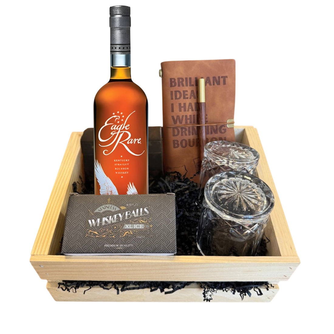 Eagle Rare 10 Year Bourbon Gift Crate with old-fashioned crystal-cut glasses, whiskey balls, and leather journal – engraved and gift-ready from Top Bourbon