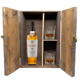 The Macallan 12 Year Double Cask in a fitted wooden gift box with two crystal old-fashioned glasses, studio white