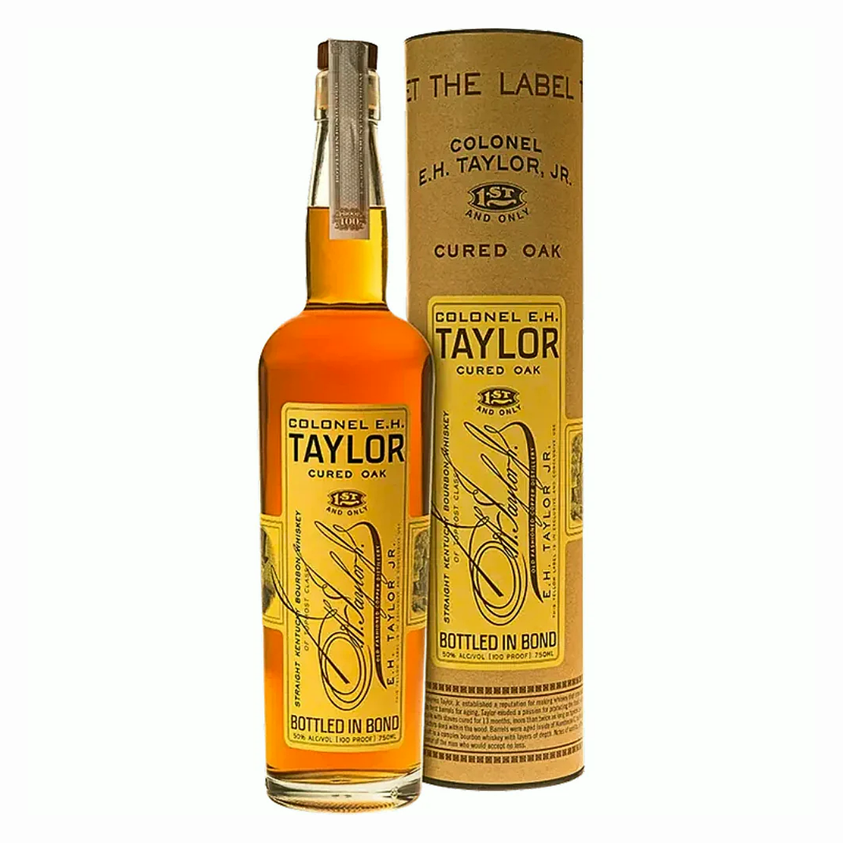 Colonel E.H. Taylor Cured Oak bottled-in-bond bourbon bottle front label — 100 proof Kentucky 750ml.