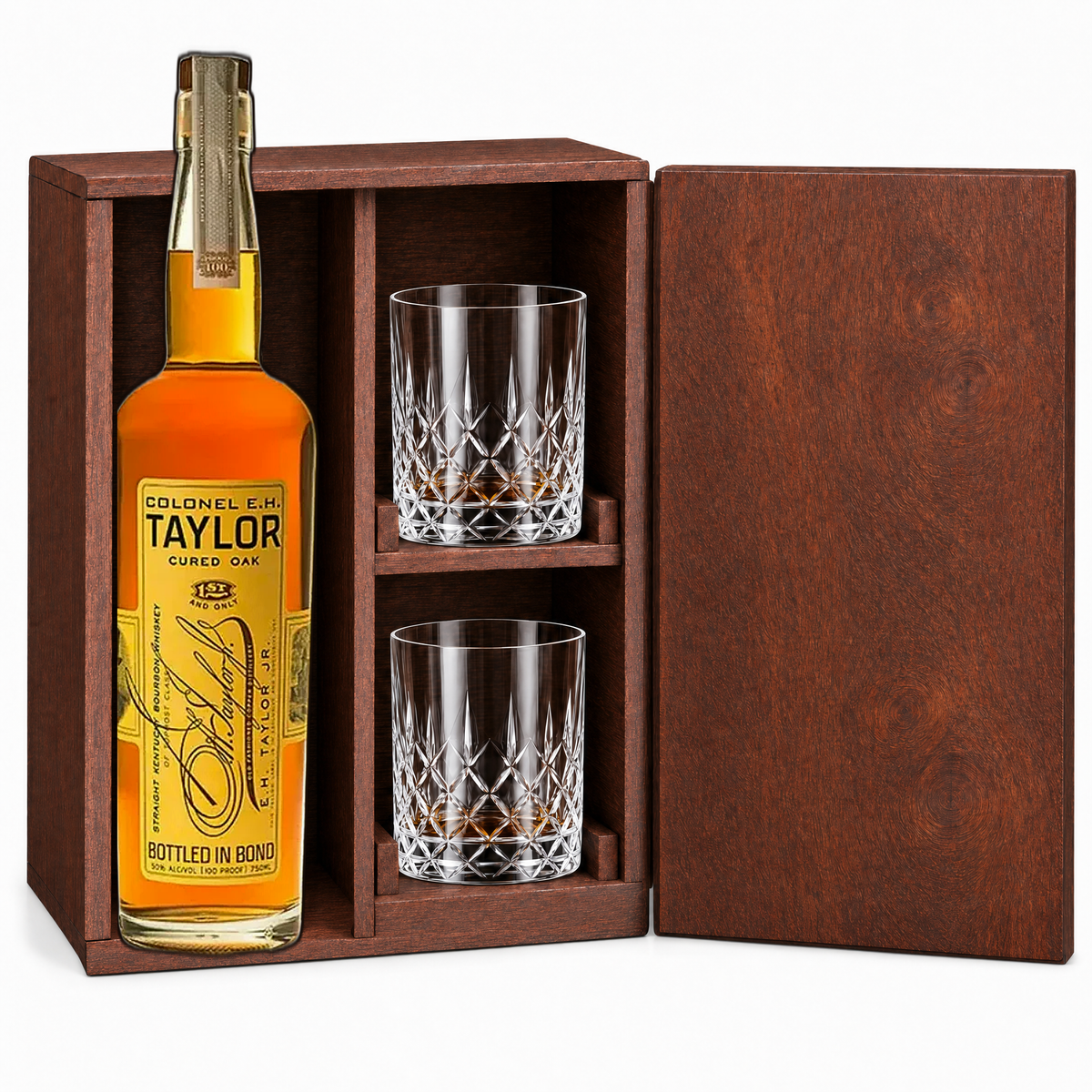 E.H. Taylor Cured Oak bourbon wooden gift set with 2 crystal glasses — deep oak vanilla finish 750ml.